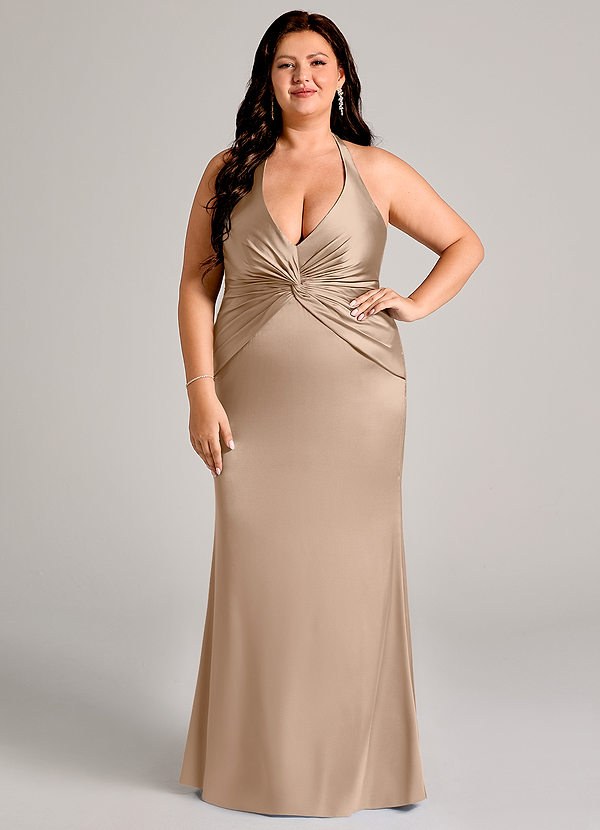 Azazie Valerie Bridesmaid Dresses Taupe Mermaid Pleated Stretch Satin Dress image1