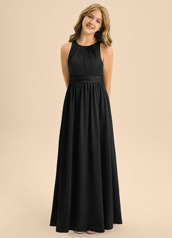 Azazie Jaylah Junior Black A-Line Pleated Stretch Satin Dress image1