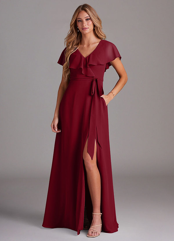 Azazie Lainey Bridesmaid Dresses Burgundy A-Line with Pockets Chiffon Dress image1