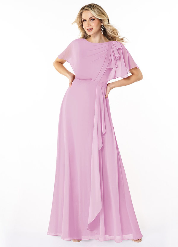 Azazie Aaliyah Modest Bridesmaid Dresses A-Line Scoop Pleated Chiffon Floor-Length Dress image1