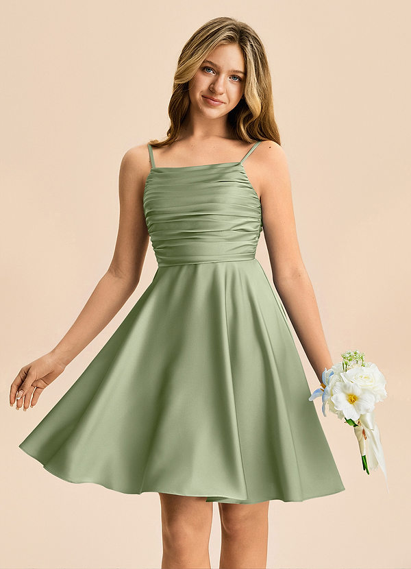 Azazie Miko Junior Pistachio A-Line Pleated Stretch Satin Dress image1