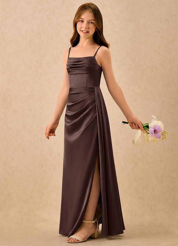 Azazie Shyla Girls Formal 플라워 걸 드레스 시스 플리츠 스트레치 새틴 플로어 기장 드레스 image1
