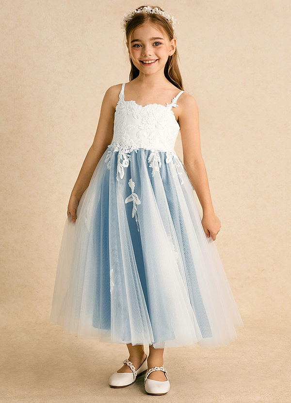 Azazie Coraline Flower Girl Dresses Ivory Steel Blue A-Line Lace Dress image1