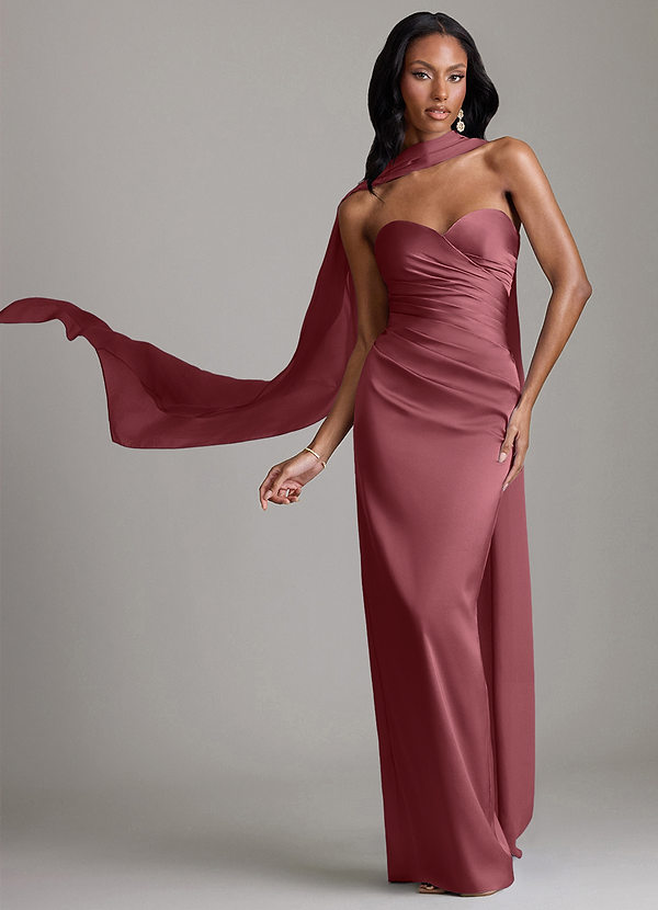 Azazie Sonora Vestidos Dama de Honor Vestido de Rosa Del Desierto de Satén Elástico de Corte Recto con Sin tirantes image1