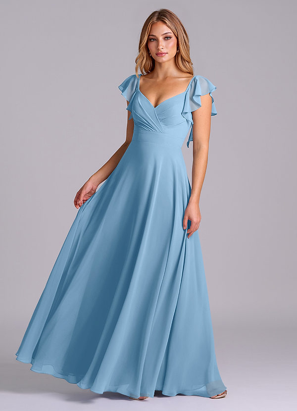 Azazie Leilani Bridesmaid Dresses Steel Blue A-Line Pleated Chiffon Dress image1