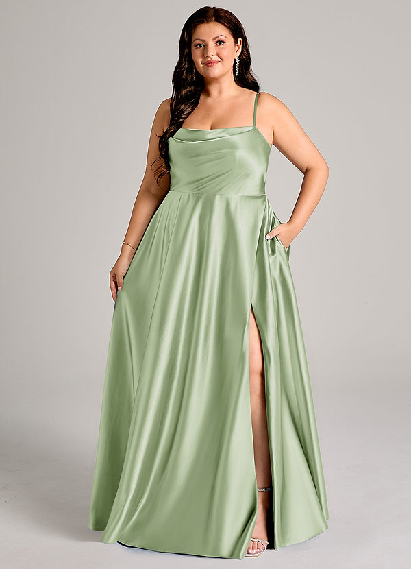 Azazie Elle Bridesmaid Dresses Dusty Sage A-Line with Pockets Metallic Satin Dress image1