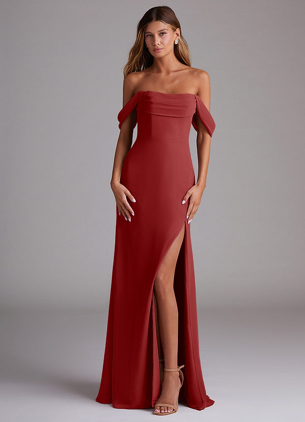 Azazie Saige Bridesmaid Dresses Rust A-Line Off the Shoulder Chiffon Convertible Dress image1