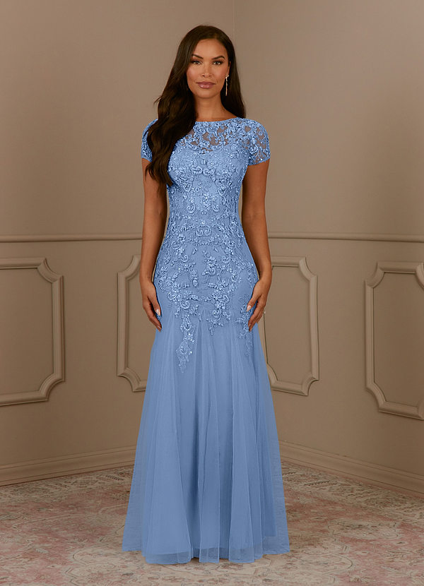 Azazie Laurie Mother of the Brides Dresses Steel Blue Mermaid Scoop Sequins Tulle Dress image1