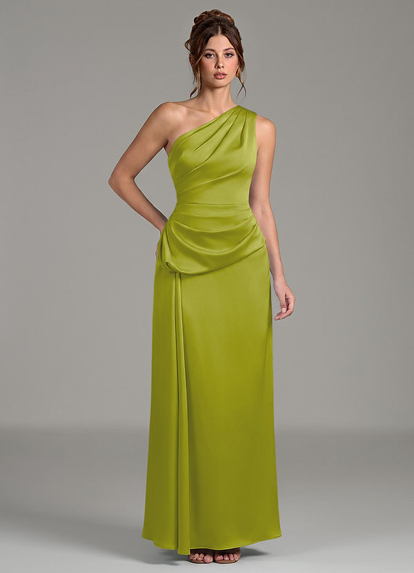 Azazie Zahira Brautjungfernkleider Etui One-Shoulder Stretch-Satin Kleid Zitronengras image1