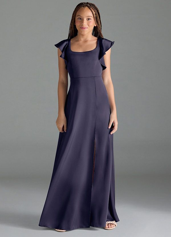 Azazie Bondi Junior Stormy A-Line Side Slit Stretch Satin Dress image1