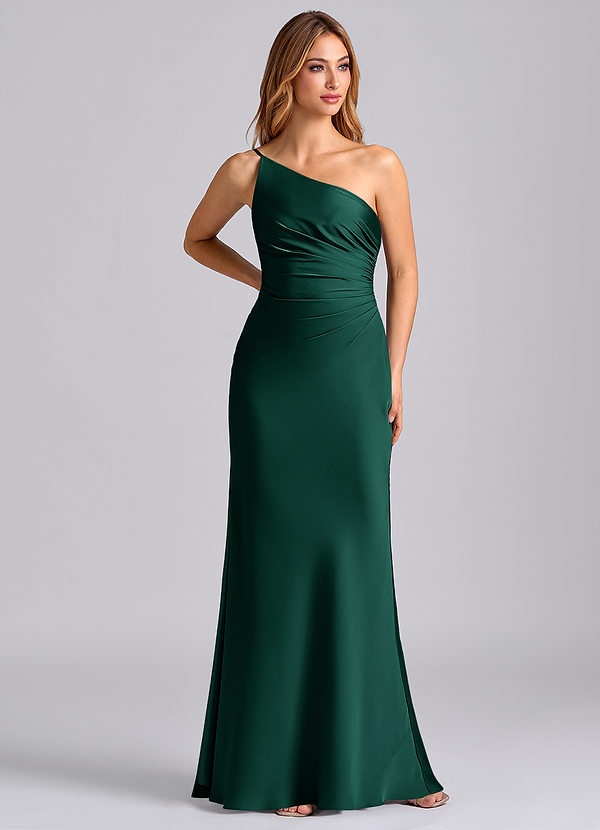 Azazie Marseli Brudtärneklänningar Klä av Sjöjungfru i Stretch Satin Ena axeln Smaragdgrön image1