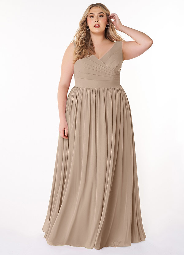 Azazie Keyla Bridesmaid Dresses Taupe A-Line V-Neck Pleated Chiffon Dress image1