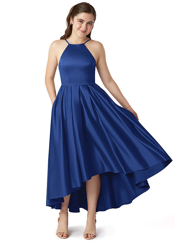Azazie Jemima Junior Royal Blue A-Line with Pockets Stretch Satin Dress image1