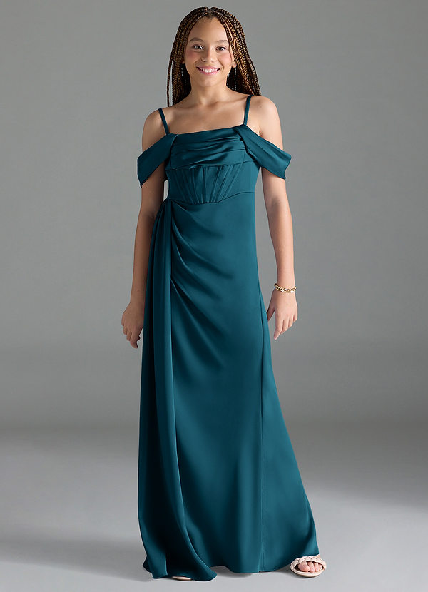 Azazie Amyra Junior Ink Blue Sheath Off the Shoulder Stretch Satin Dress image1