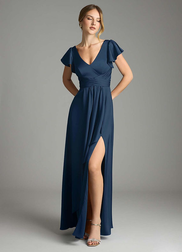 Azazie Omari Bridesmaid Dresses Dark Navy A-Line Stretch Satin Dress image1