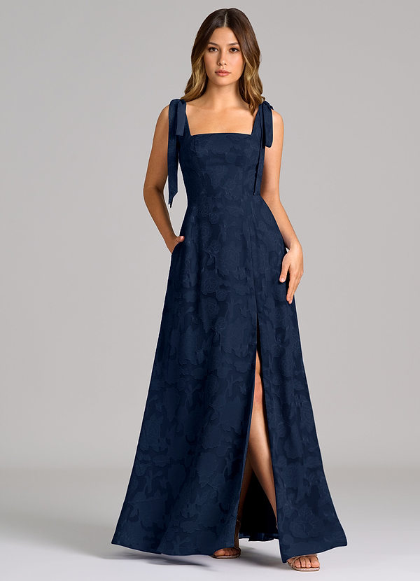 Azazie Debra Brudtärneklänningar Klä av A-Linje i Blommig Utbrändhet med fickor Mörk Marinblå image1