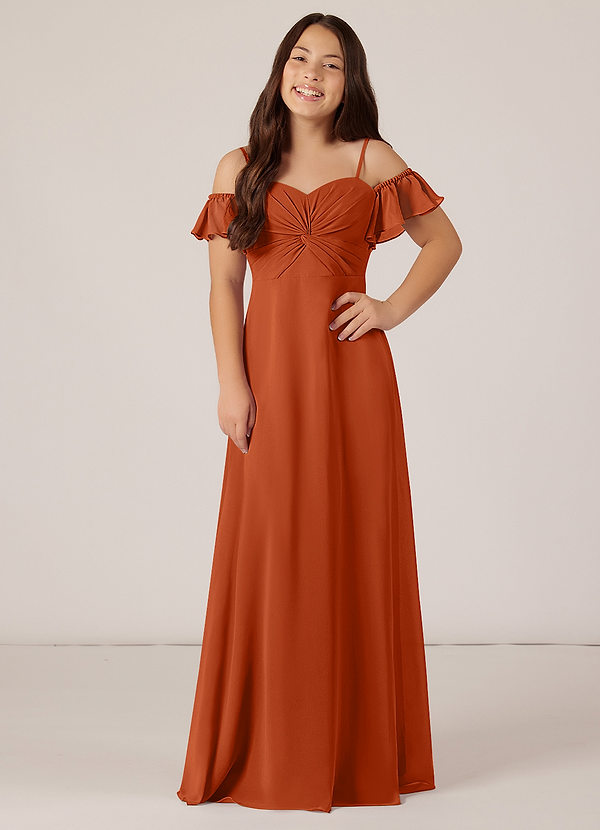 Azazie Juna Junior Robe Trapèze en Mousseline de soie Épaule décolletée Orange Brûlée image1