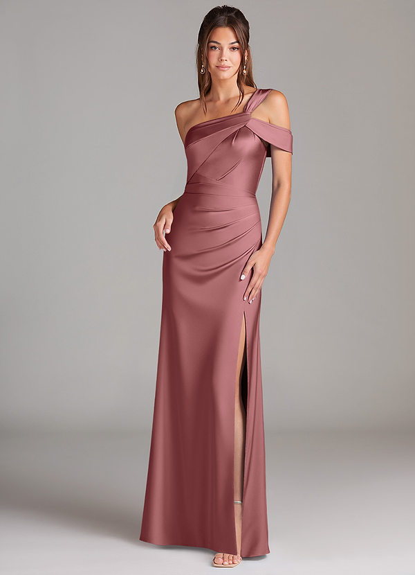 Azazie Wynter Bridesmaid Dresses Amethyst Sheath Off the Shoulder Stretch Satin Dress image1