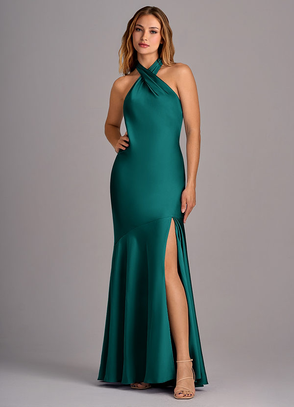 Azazie Lorena Bridesmaid Dresses Peacock Mermaid Pleated Stretch Satin Dress image1