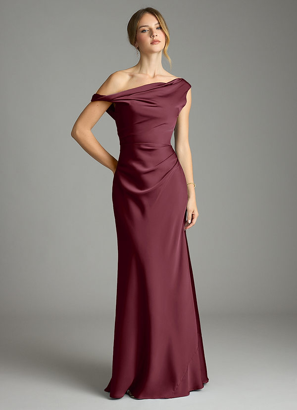 Azazie Emerson Bridesmaid Dresses Cabernet Mermaid Off the Shoulder Stretch Satin Dress image1