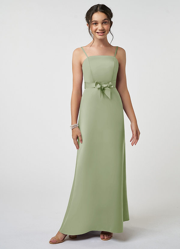 Azazie Anina Junior Robe Trapèze en Satin extensible Arc Vert Sauge image1