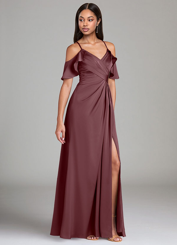 Azazie Dakota Bruidsmeisjes Jurken Jurk van Stretch Satijn met A-Lijn Off the Shoulder Sangria image1