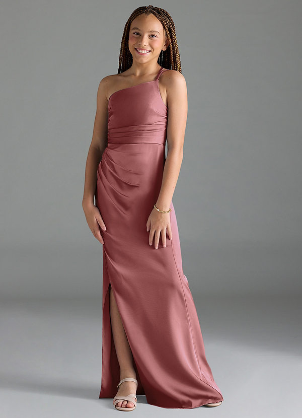 Azazie Eren Junior Amethyst Sheath Pleated Stretch Satin Dress image1