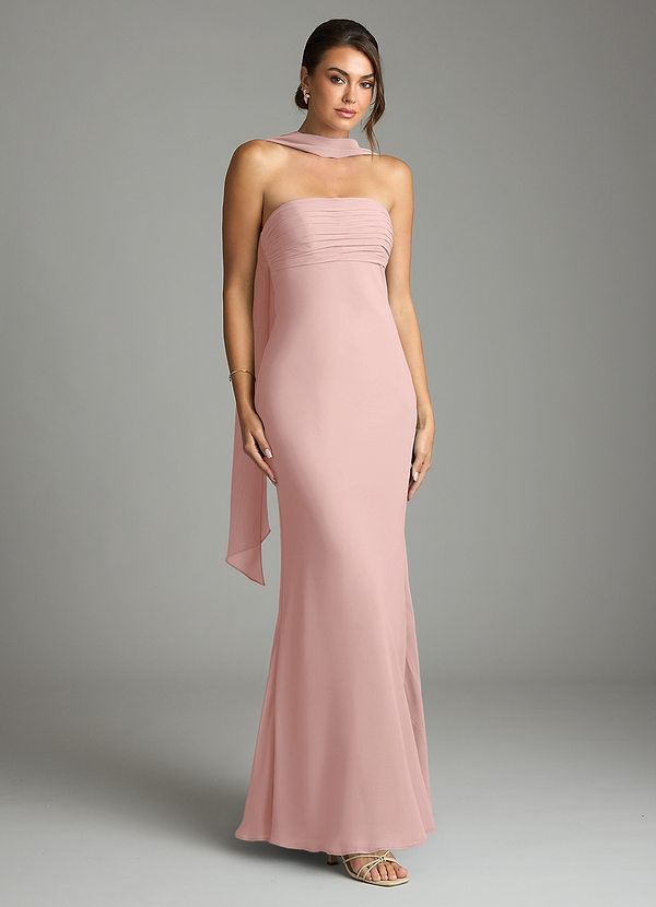 Azazie Saylor Vestidos de dama de honor Vestido Rosa Empolvado de Gasa de Corte Sirena con Palabra de honor image1