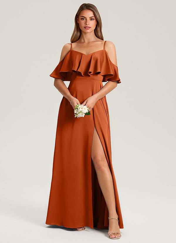 Azazie Jean Bridesmaid Dresses Burnt Orange A-Line Off the Shoulder Stretch Satin Dress image1