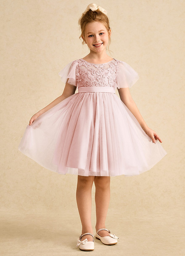 Azazie Queenie Robes de Fillette d'Honneur Robe Trapèze en Dentelle Rose Pâle image1
