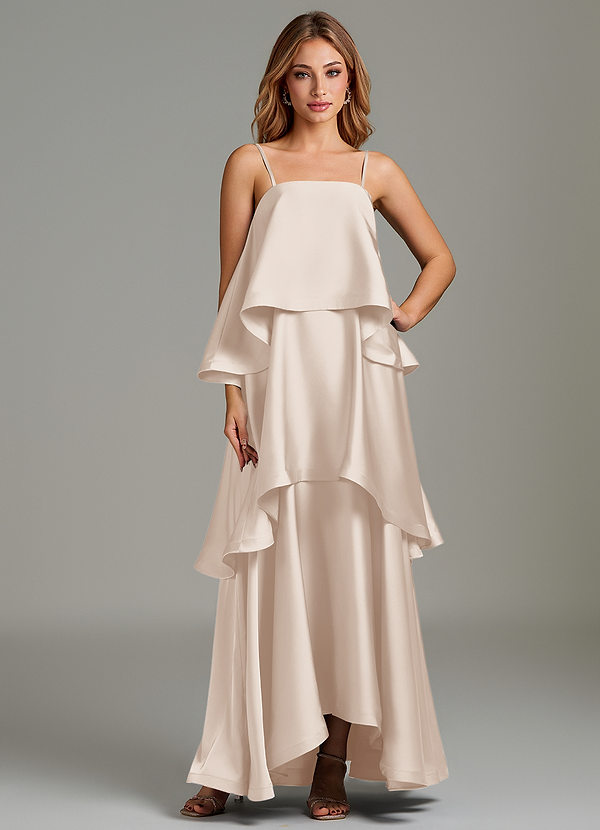 Azazie Azalea Bridesmaid Dresses White Alabaster A-Line Ruched Stretch Satin Dress image1