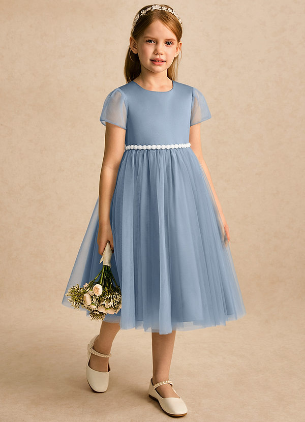 Azazie Kaylor Flower Girl Dresses Dusty Blue A-Line Pleated Tulle Dress image1