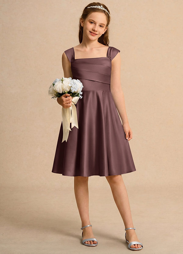 Azazie Budle Girls Formal Flower Girl Dresses Espresso A-Line Pleated Matte Satin Dress image1