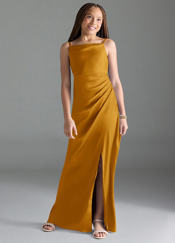 Azazie Leonis Junior Butterscotch A-Line Pleated Stretch Satin Dress image1