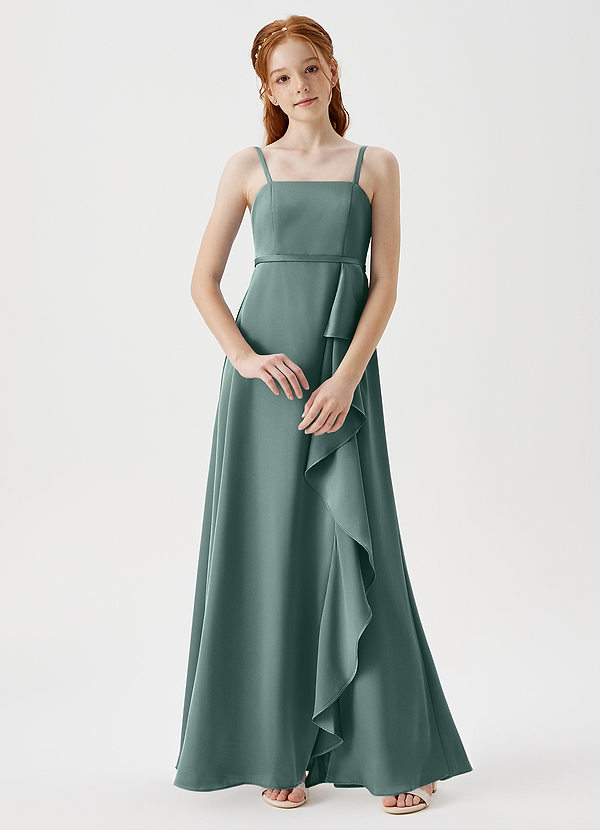 Azazie Kaylee Junior Robe Trapèze en Satin extensible avec ceinture Eucalyptus image1