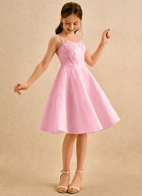 Azazie Posey Girls Formal Robes de Fillette d'Honneur Robe Trapèze en Jacquard Floral Encolure en Forme de Cœur Rose Pâle image1