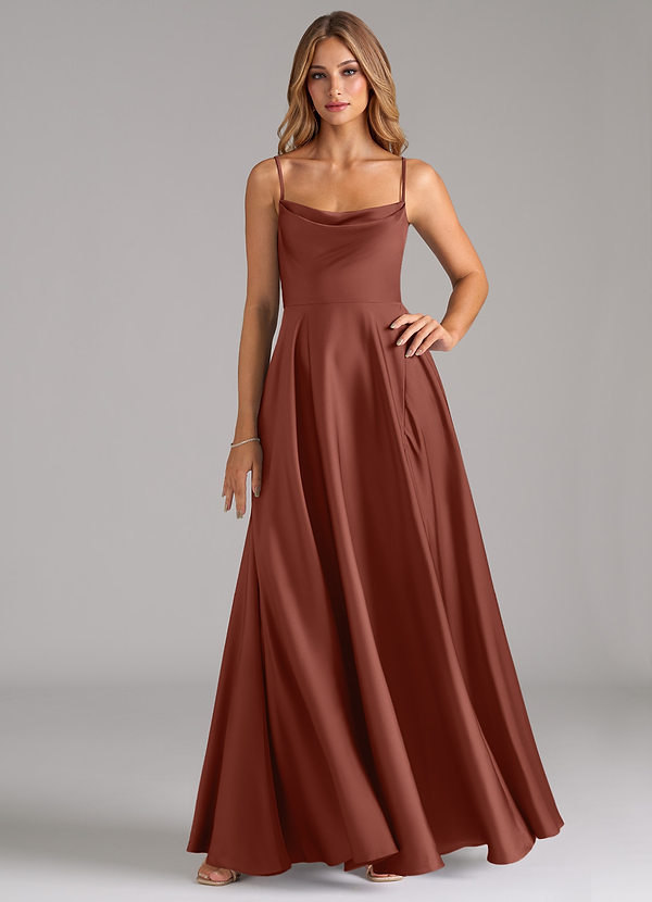 Azazie Elle Bridesmaid Dresses Auburn A-Line Pleated Stretch Satin Dress image1