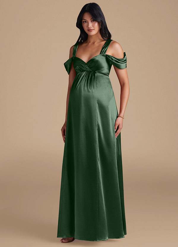 Azazie Rhea Maternity Bridesmaid Dresses A-Line Pleated Metallic Satin Floor-Length Dress image1