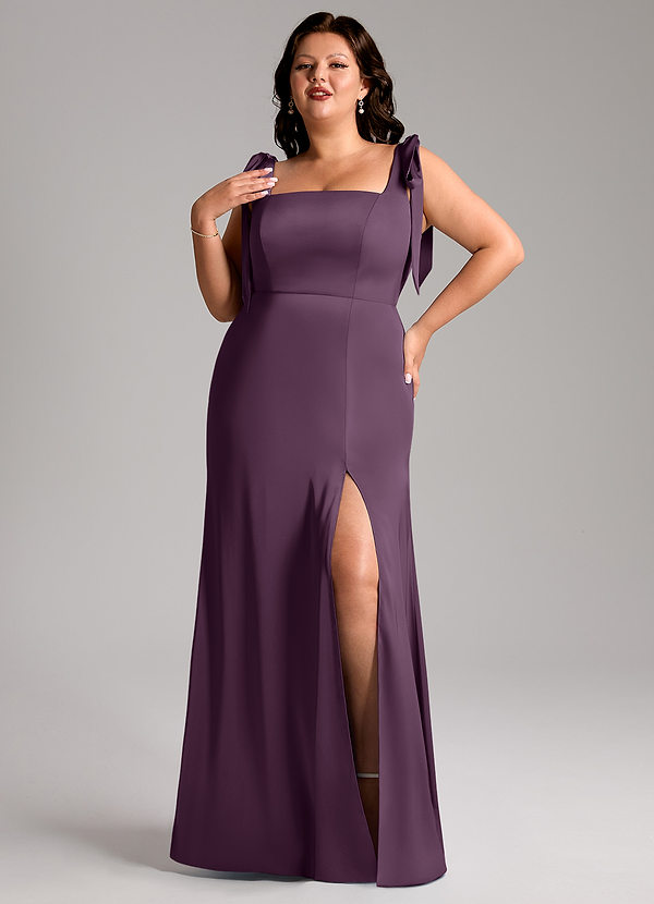 Azazie Frostine Bridesmaid Dresses Plum A-Line Bow Stretch Satin Dress image1