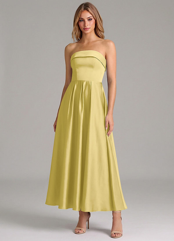 Azazie Lucienne Bridesmaid Dresses Canary A-Line Pleated Stretch Satin Dress image1