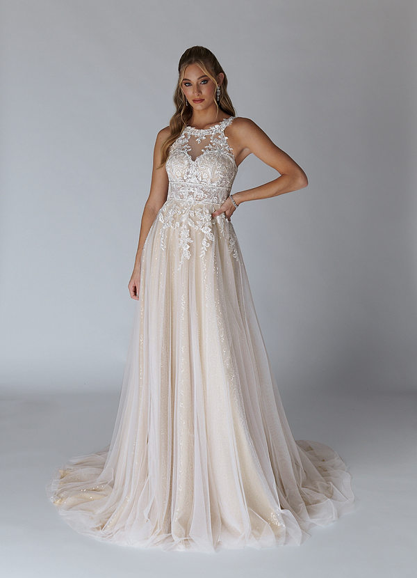 Azazie Maribelle Wedding Dresses Diamond White Nude A-Line Sequins Tulle Dress image1
