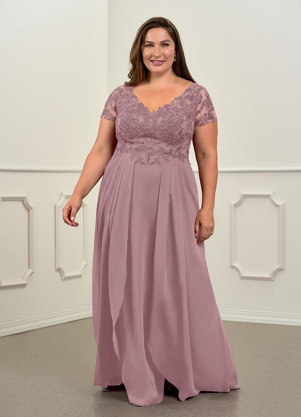 Azazie Dunja Brautmutterkleider A-Linie V-Hals Spitze Chiffon Kleid Altrosa image1