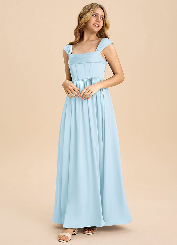 Azazie Hattie Junior Sky Blue A-Line Pleated Stretch Satin Dress image1