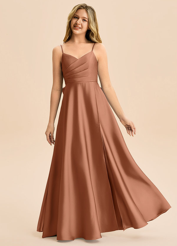 Azazie Rumi Junior Vestido de Bronceador de Satén Elástico de Corte en A con Plisado image1