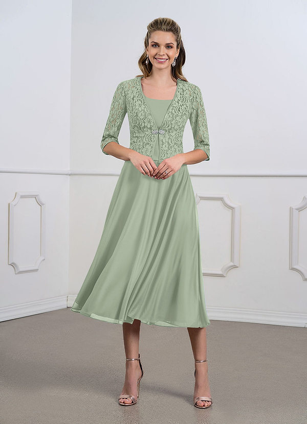 Azazie Myka  Mother of the Brides Dresses A-Line Lace Mesh Tea-Length Dress image1