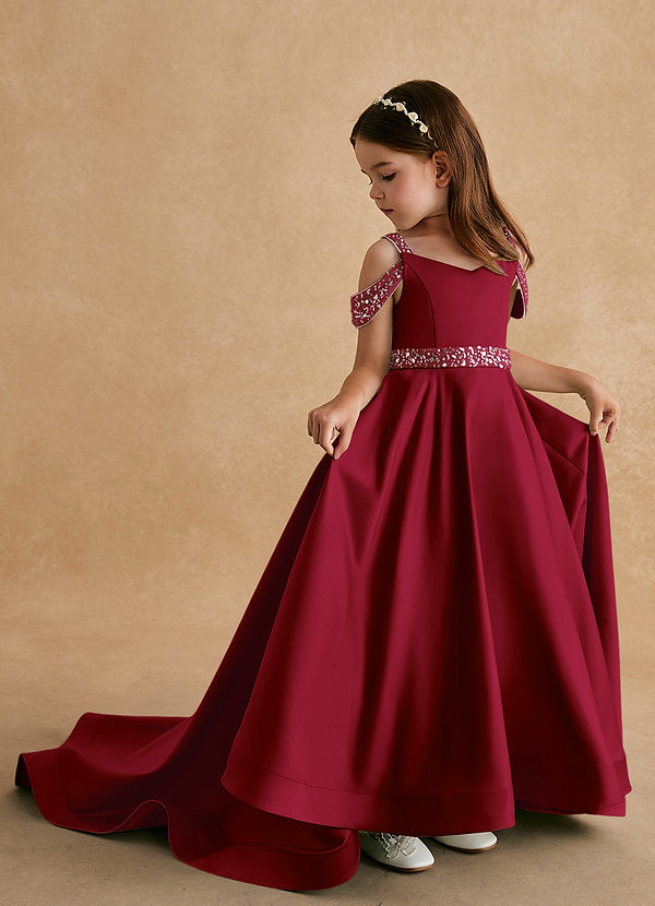 Azazie Jodi Vestidos de Niña de Flores Vestido de Borgoña de Satin Mate de Corte En A image1