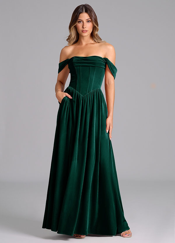 Azazie Hattie Bridesmaid Dresses Emerald A-Line Ruched Velvet Dress image1