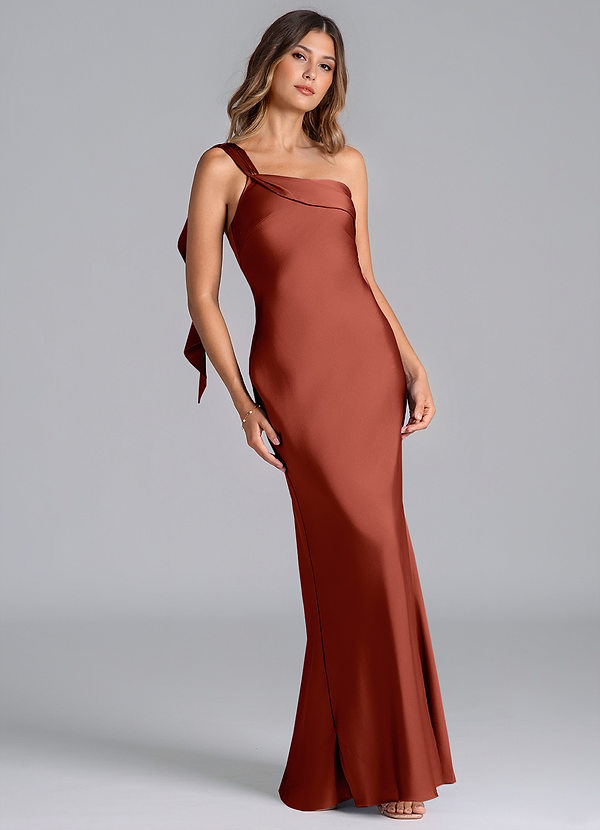 Azazie Driea Brudtärneklänningar Klä av Sjöjungfru i Stretch Satin Ena axeln Terrakotta image1