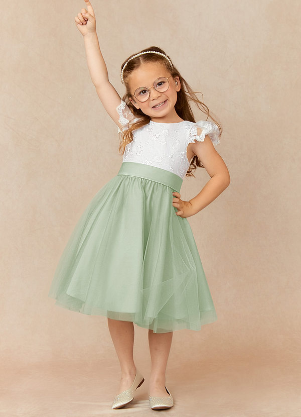Azazie Vetty Flower Girl Dresses Ivory Dusty Sage A-Line Lace Tulle Dress image1