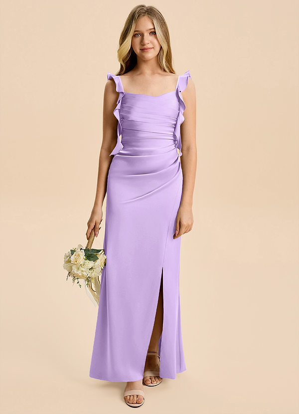 Azazie Jessamine Junior Lilac A-Line Ruched Stretch Satin Dress image1